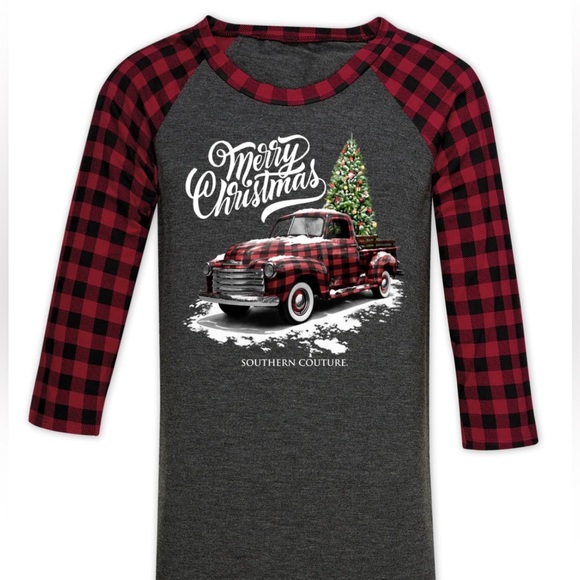 NWT SOUTHERN COUTURE, BUFFALO PLAID RAGLAN TEE CHRISTMAS TRUCK - Picture 1 of 6